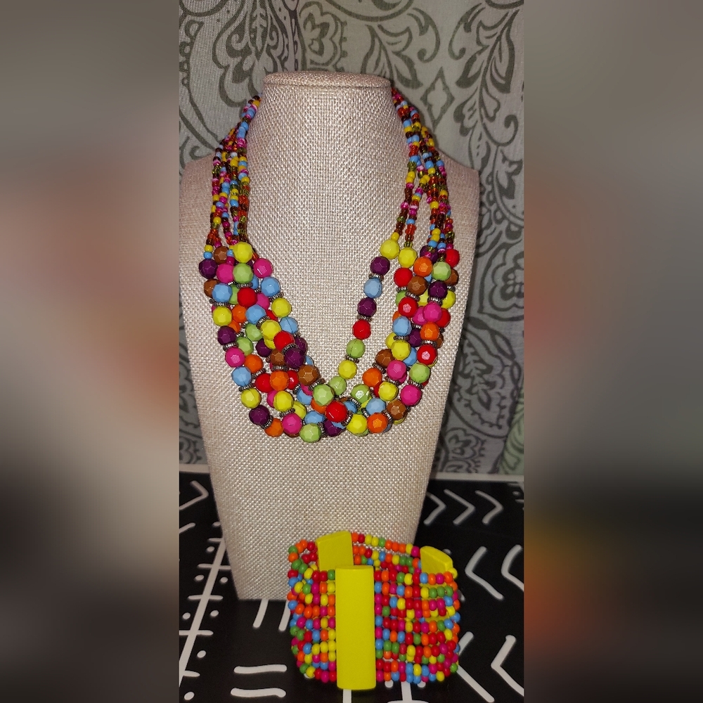 Colorful Beaded Multistrand Necklace And Colorful Wooden Beaded Stretch Bracelet